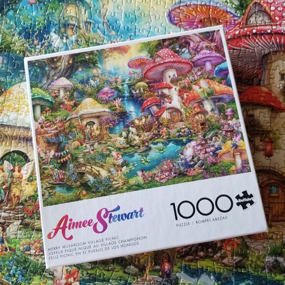 Buffalo Games Merry Mushroom Village Picnic 1000 pc Jigsaw Puzzle Aimee Stewart - Picture 1 of 6